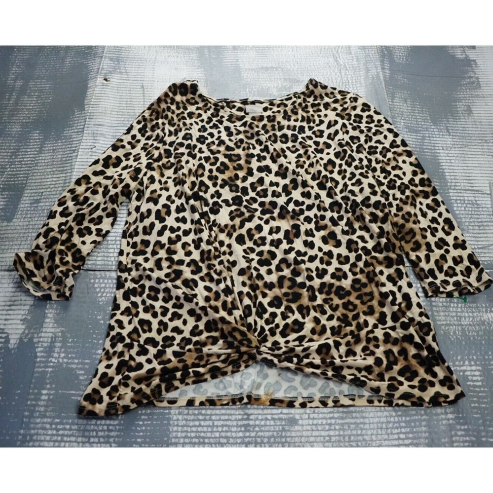 Chicos blouse womens XL brown Cheetah print twist front jersey shirt 3/4 sleeve